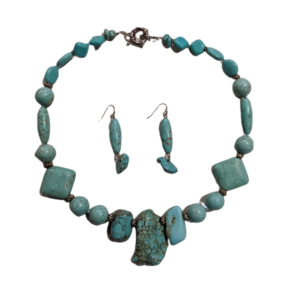 Jewelry - Chunky Genuine Turquoise and Silver Necklace and Earrings Matching Set